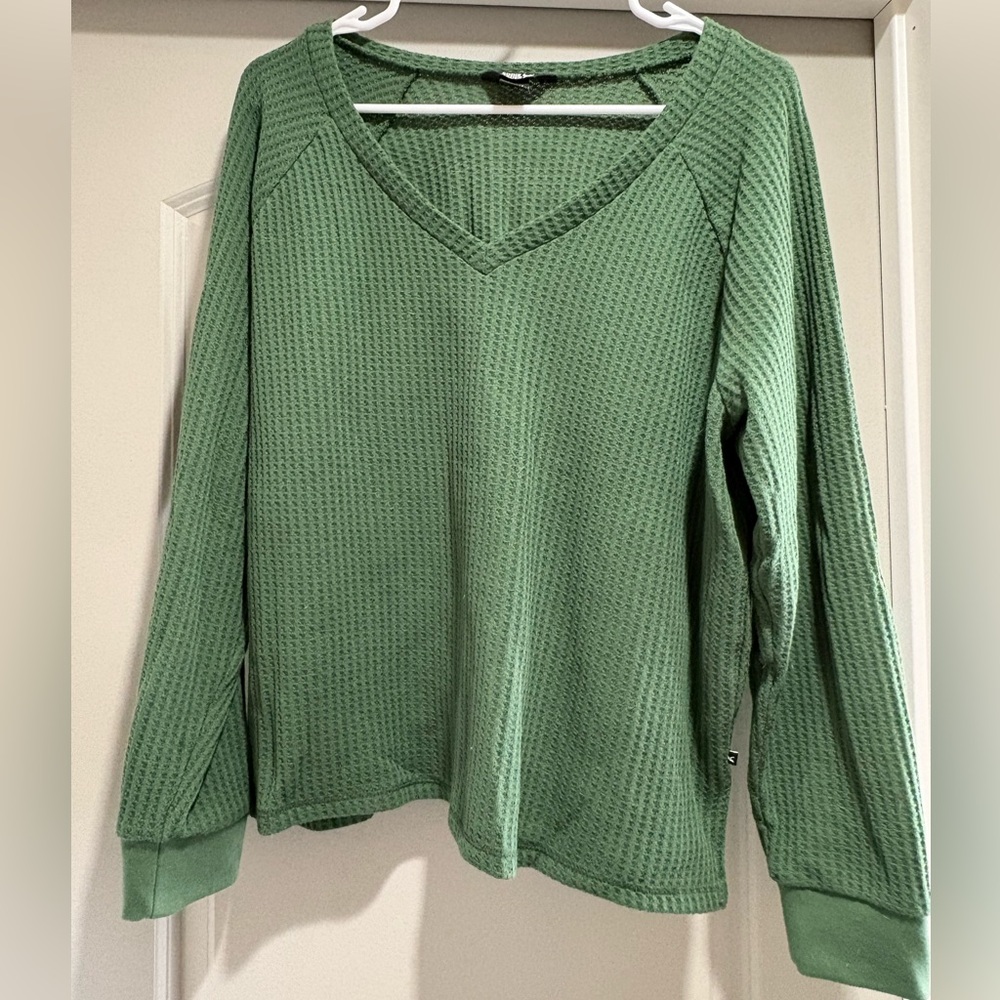 Green Waffle Knit V-Neck Women's Sweater